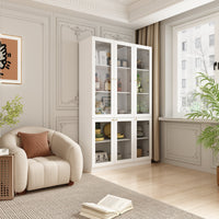 47.2" Modern White Tall Bookshelf with 6 Glass Doors and Gold Conical Handles