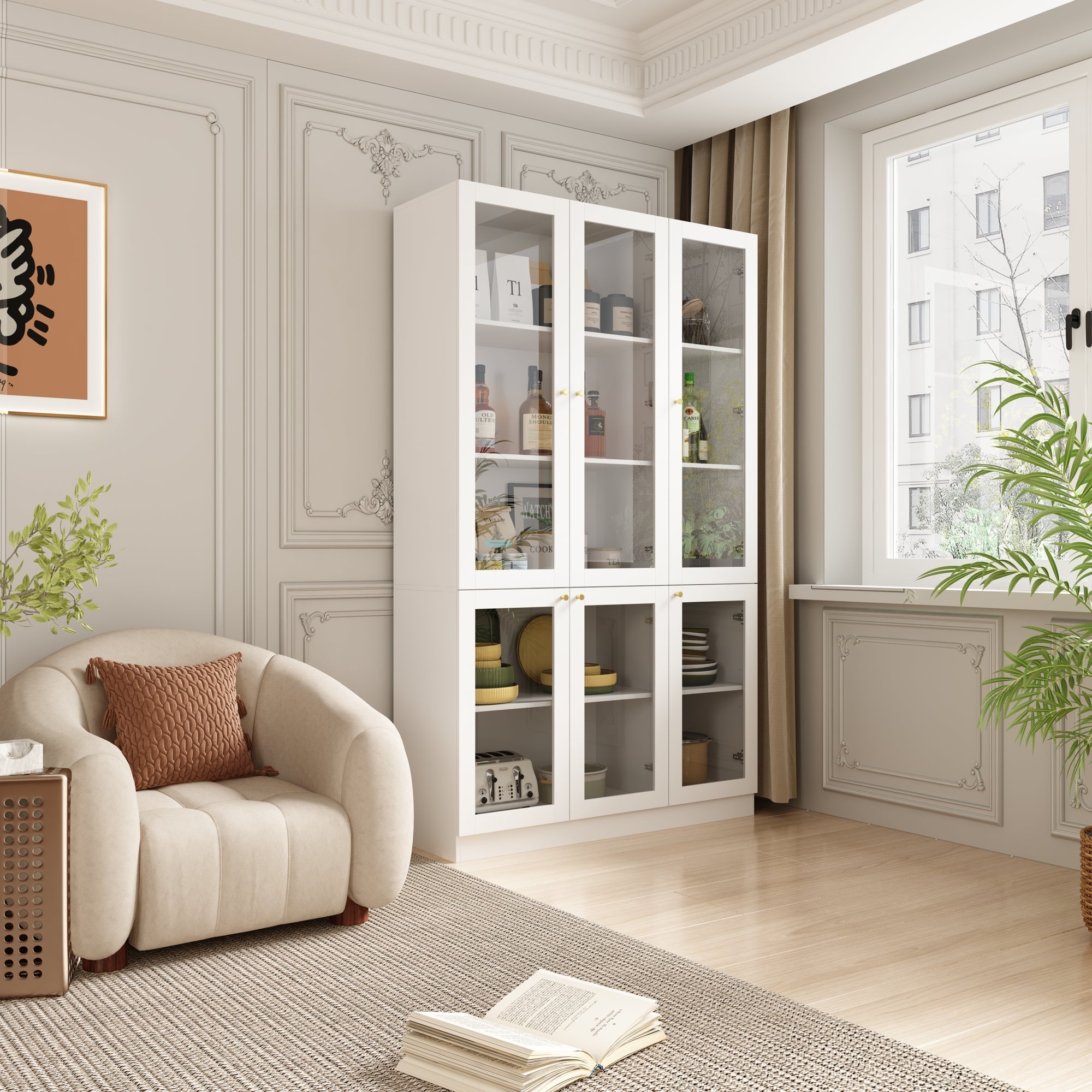 47.2 inches Modern White Tall Bookshelf with 6 Glass Doors and Gold Conical Handles