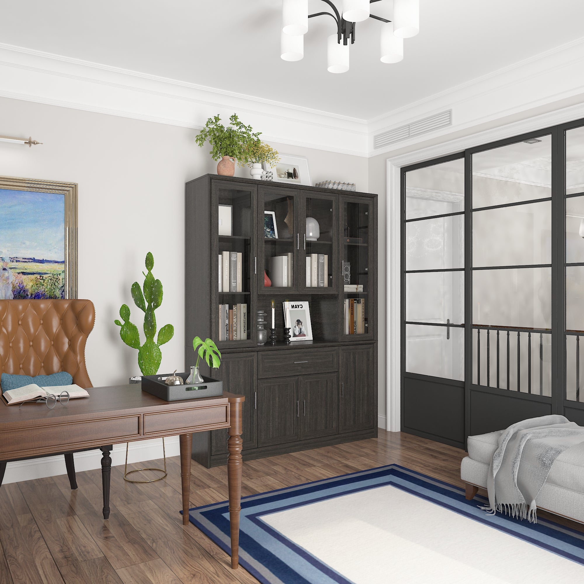 80'' H X 60.6'' W 6-Tier Bookcase With Glass Doors & Drawer