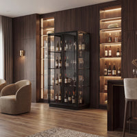 Black display cabinet with glass doors and LED lighting