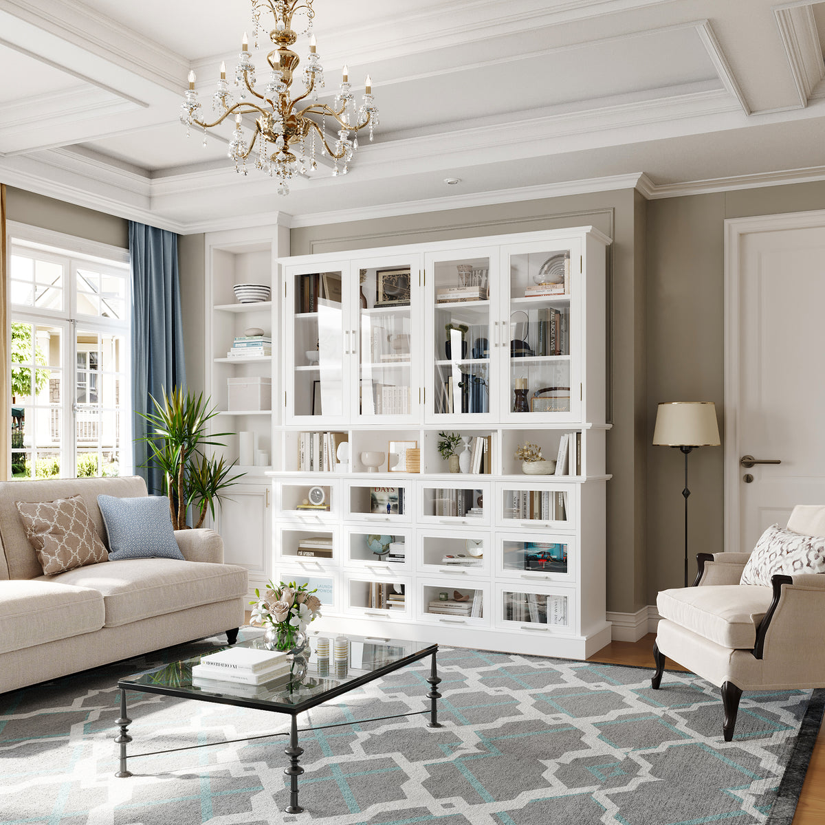63" Modern White Display Bookcase Cabinet with Glass Doors