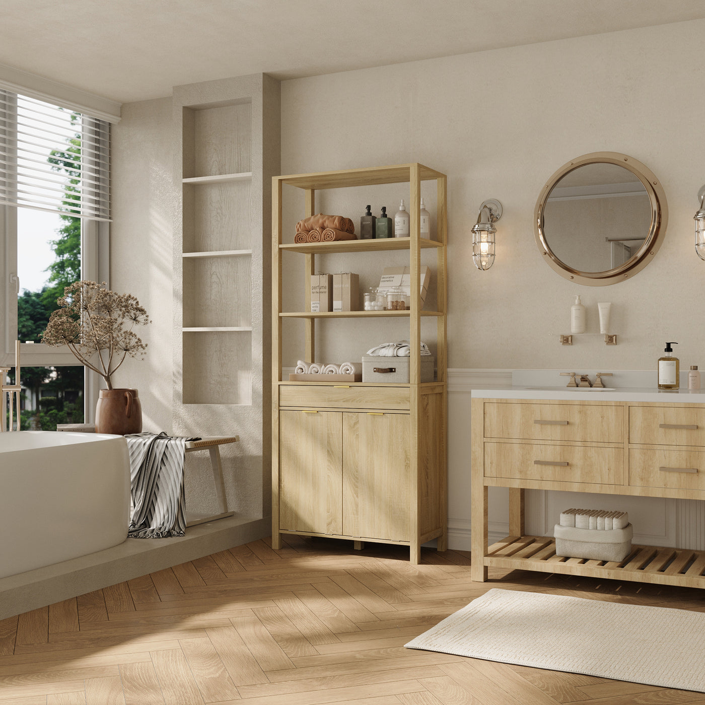 30.1" Oak Laundry Hamper Cabinet with 2 Tilt-Out Baskets and Open Shelves