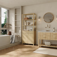 30.1" Oak Laundry Hamper Cabinet with 2 Tilt-Out Baskets and Open Shelves