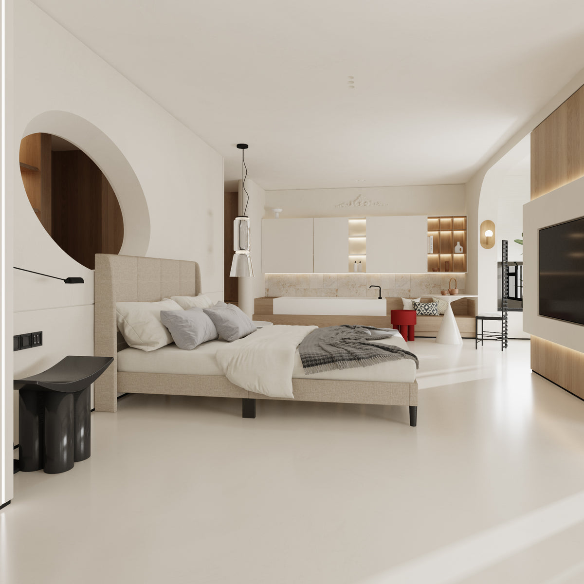 62.6 inch Modern Beige Platform Bed with Upholstered Headboard