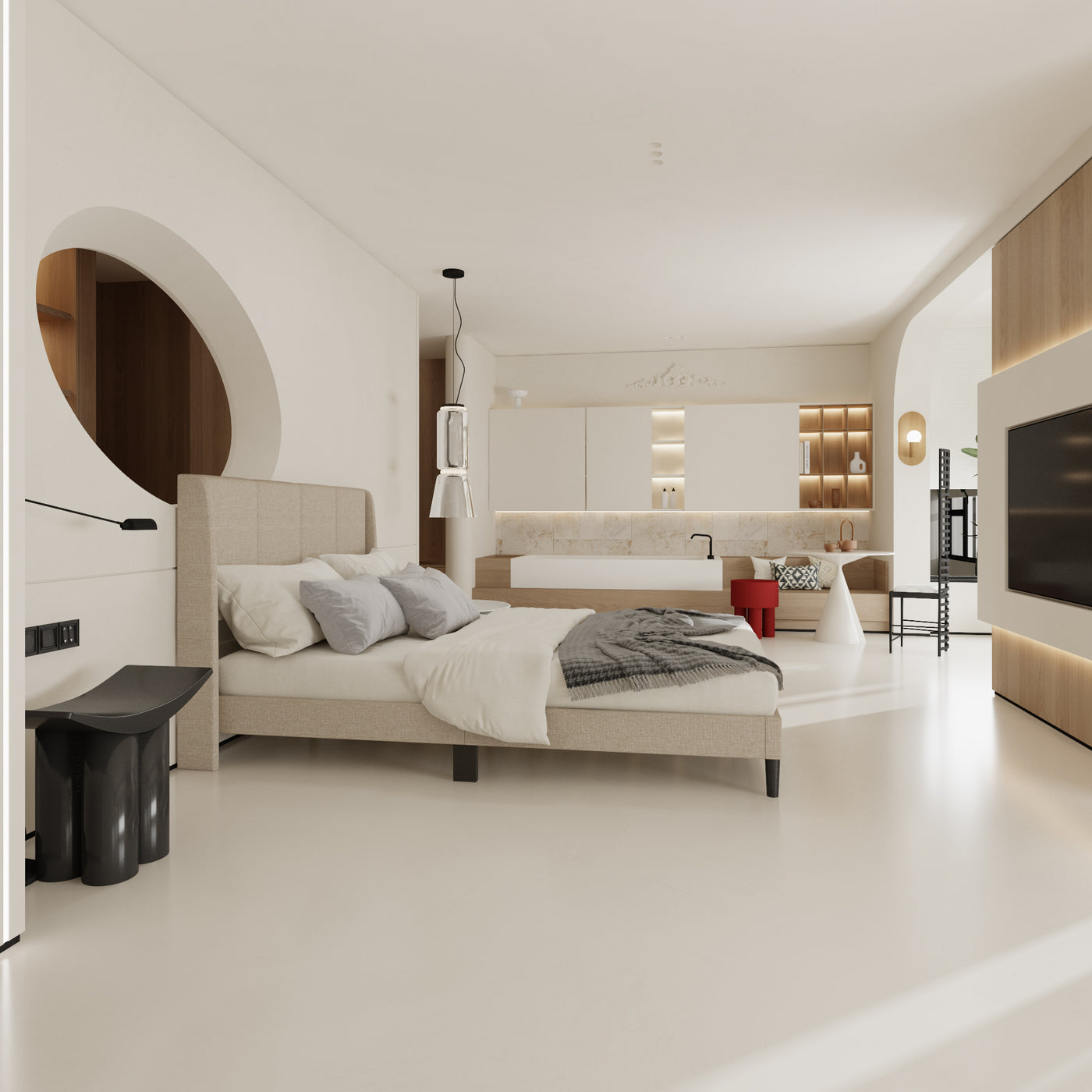62.6" Modern Beige Platform Bed with Upholstered Headboard