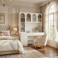 63" Modern White Versatile Vanity Desk with Massive Storage and Arched Glass Doors