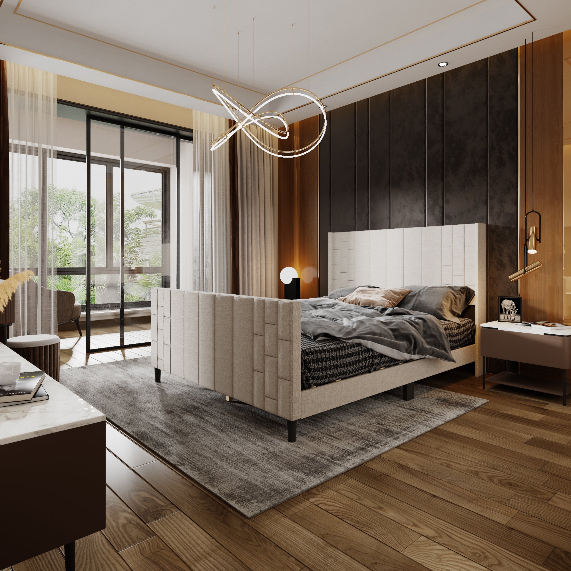 Modern Upholstered Platform Bed Frame With USB Ports, Tufted Polyester Headboard And MDF Slat Support – Mattress Not Included