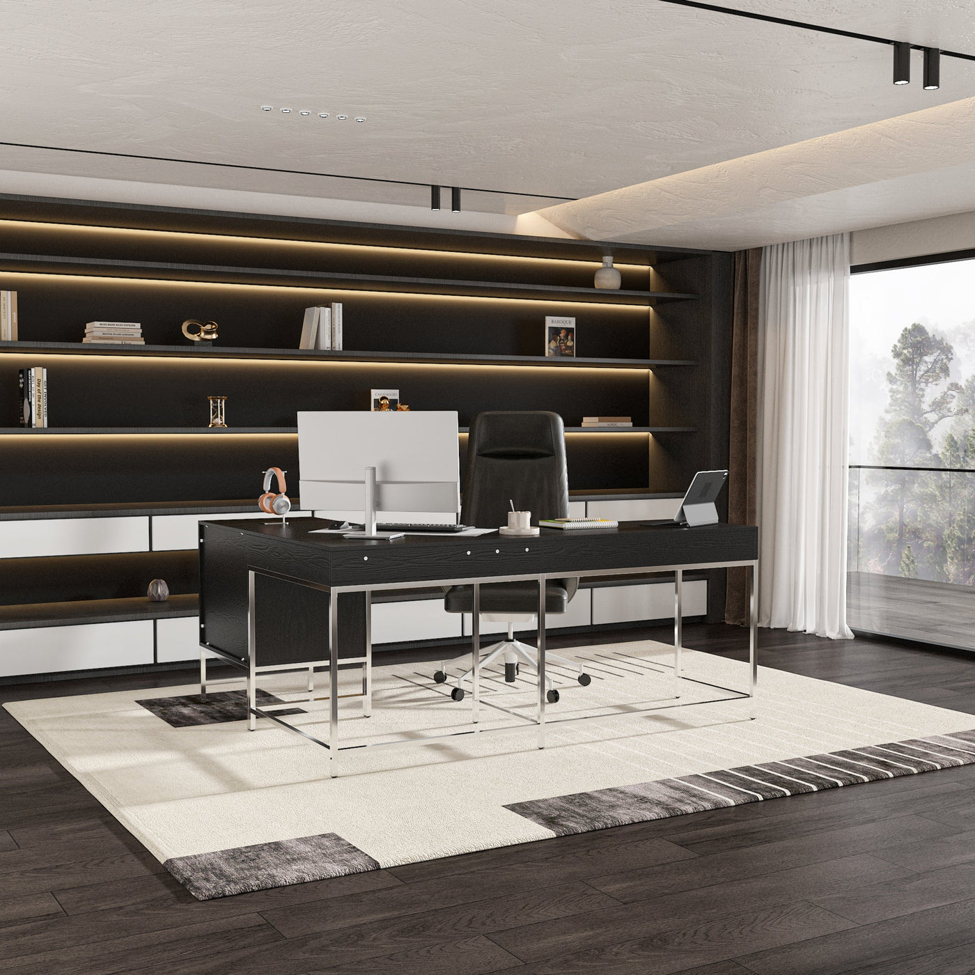 70.8" Modern Black L-Shaped Computer Desk With 4 Standard Drawers, 1 File Drawer