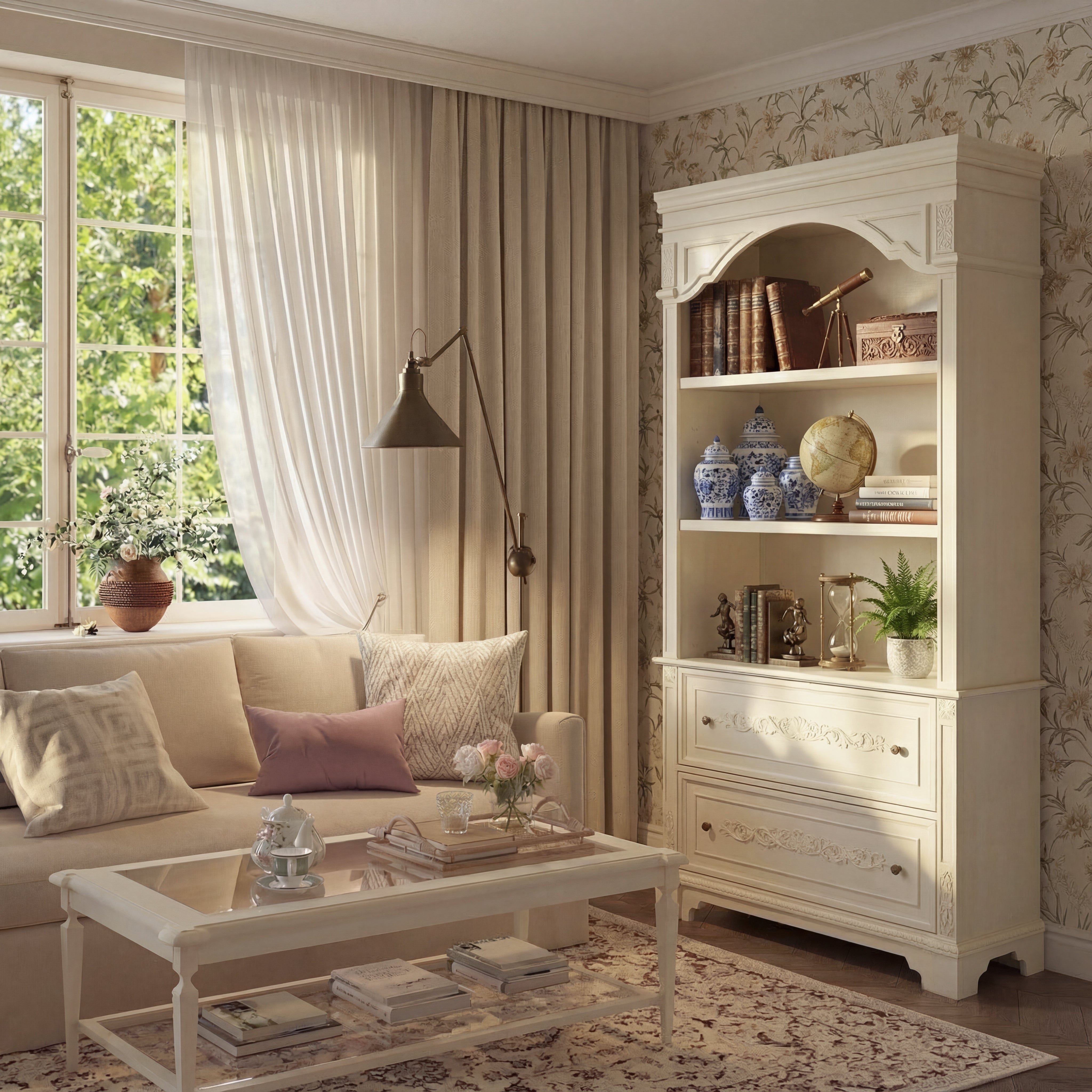 Elegant Display Cabinet With 3 Open Shelves & 2 Carved Drawers