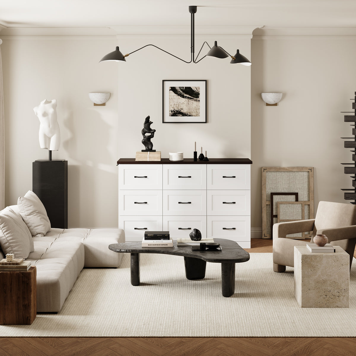 63" Modern White TV Stand Dresser with Hidden TV Lift & 9 Drawers