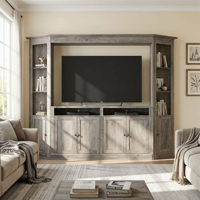 100" Modern Gray Entertainment Center with Storage Cabinets and Open Shelves
