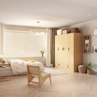 Modern bedroom with wooden wardrobe, bed, and chair.