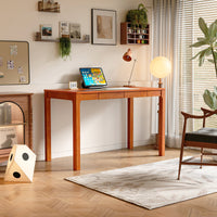 47.2" Modern Scandinavian Brown Rubberwood Writing Desk with Double Drawers