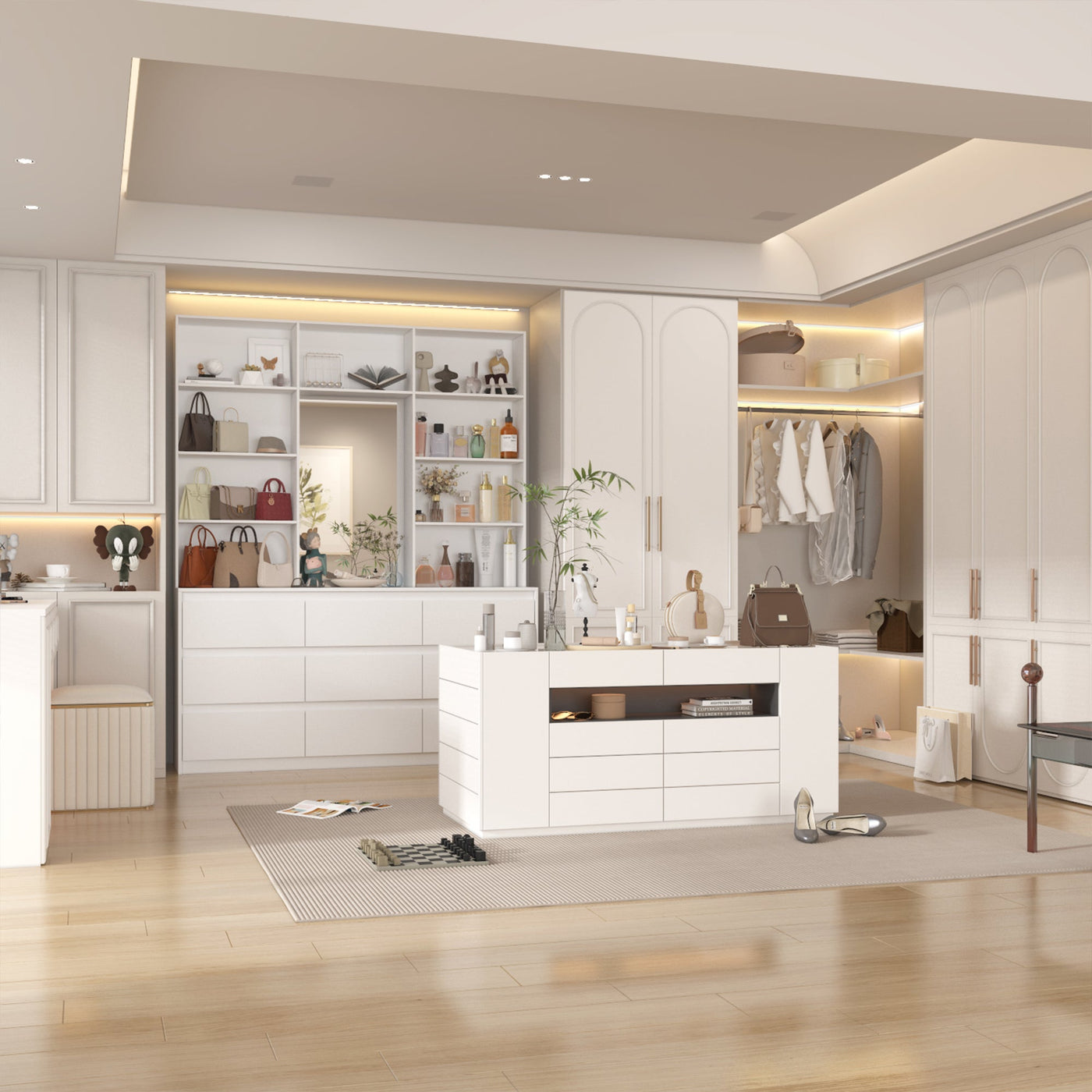 63" Modern Minimalist White Closet System With 9 Drawers And Central Mirror