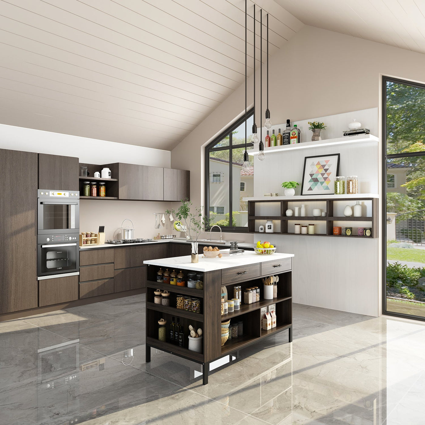 55.1" Modern Kitchen Island with 2 Drawers and Open Storage Shelves