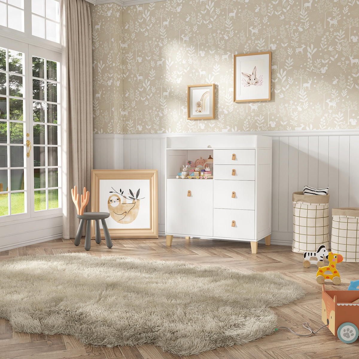 47.2 inch Modern White Changing Table Dresser with 3 Drawers & 2 Storage Cabinets