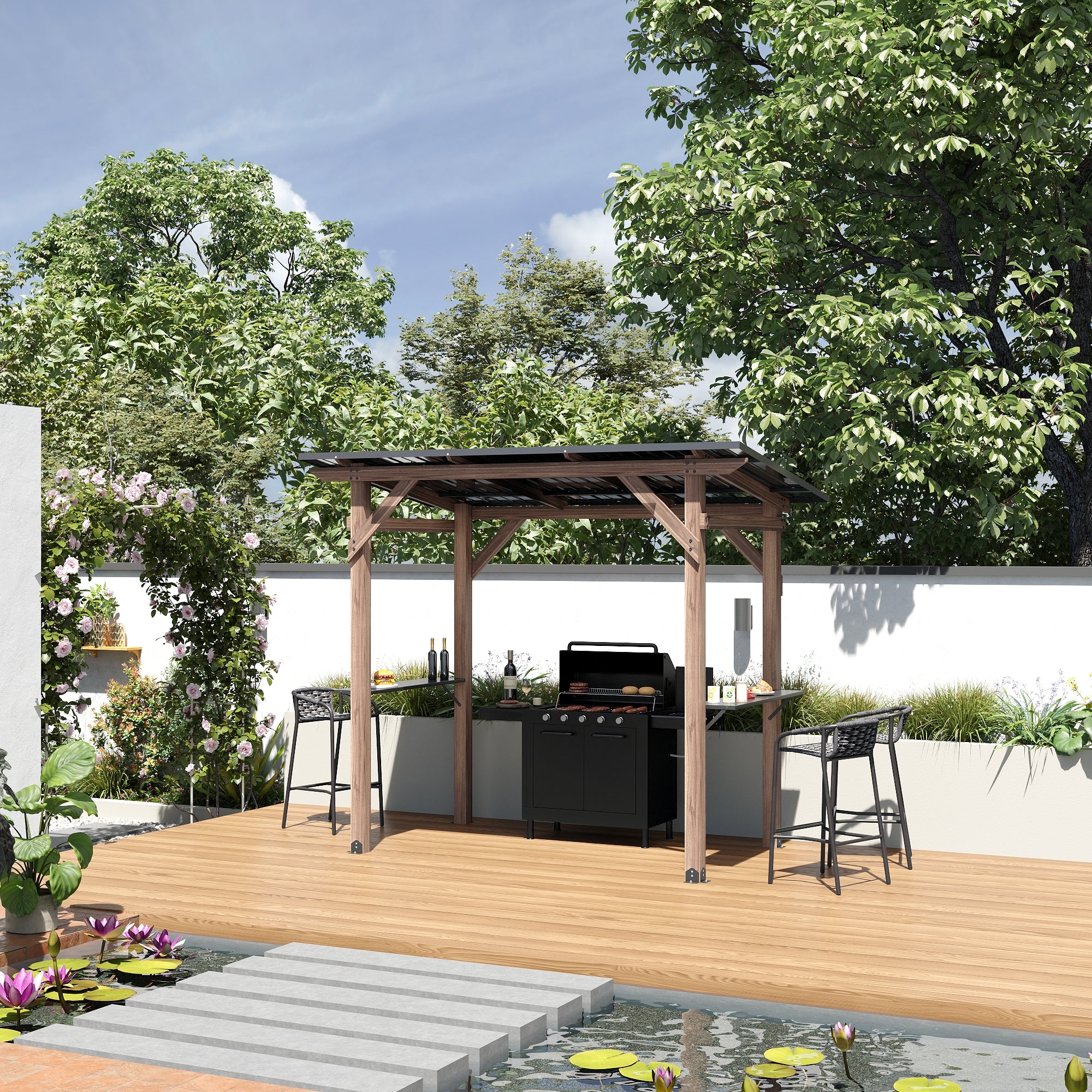 Cedar Wood Grill Gazebo Hardtop Roof With Side Tables For Patio BBQ Shelter