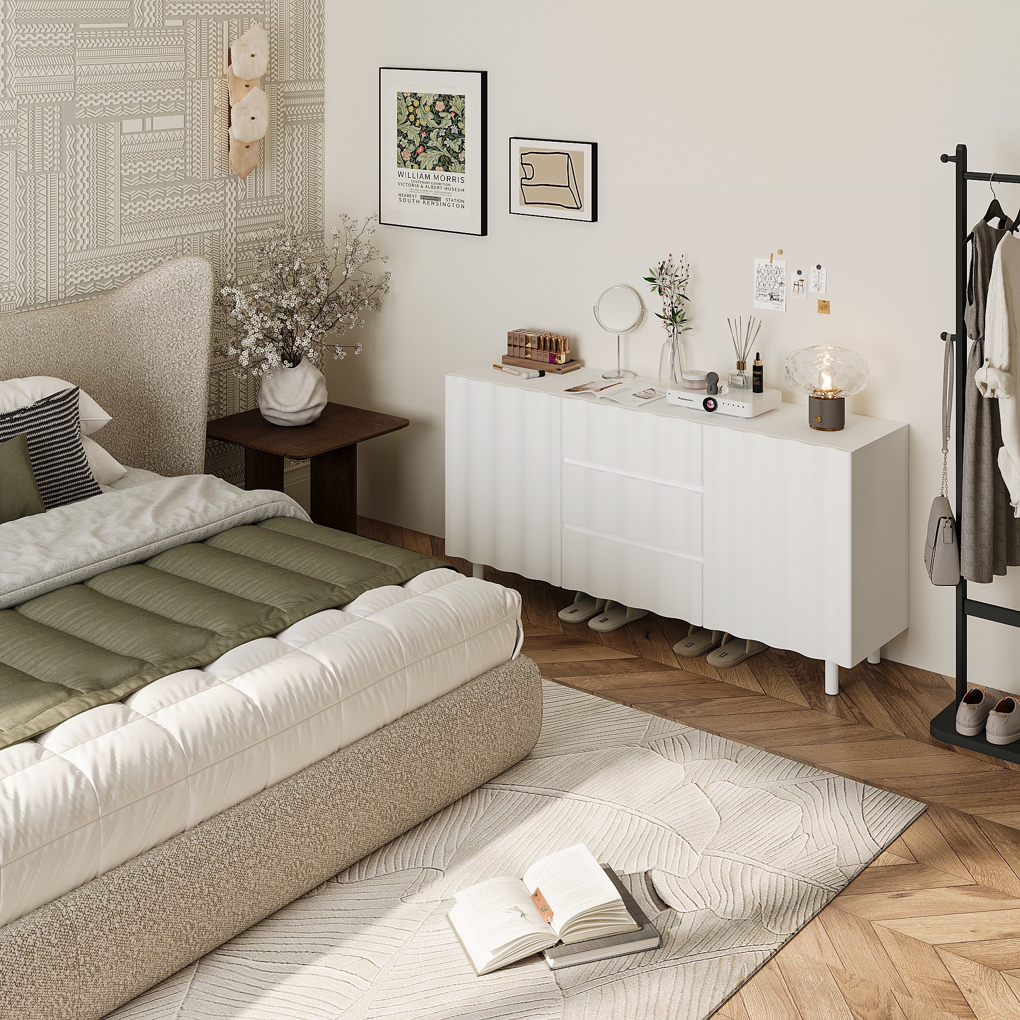 61" Wide White Accent Cabinet With 3 Drawers & 2 Doors