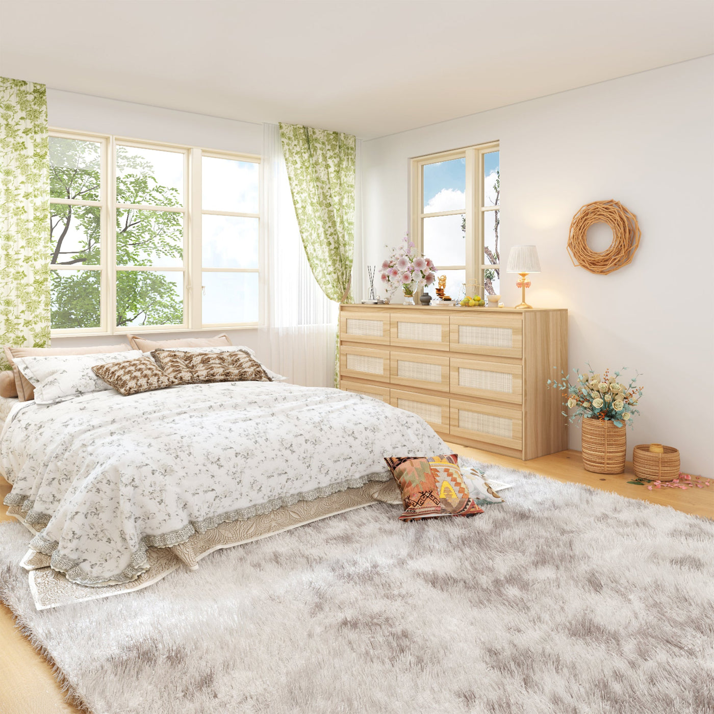 62.9" Modern Country Natural Medium Wood Dresser With 9 Pull-out Drawers