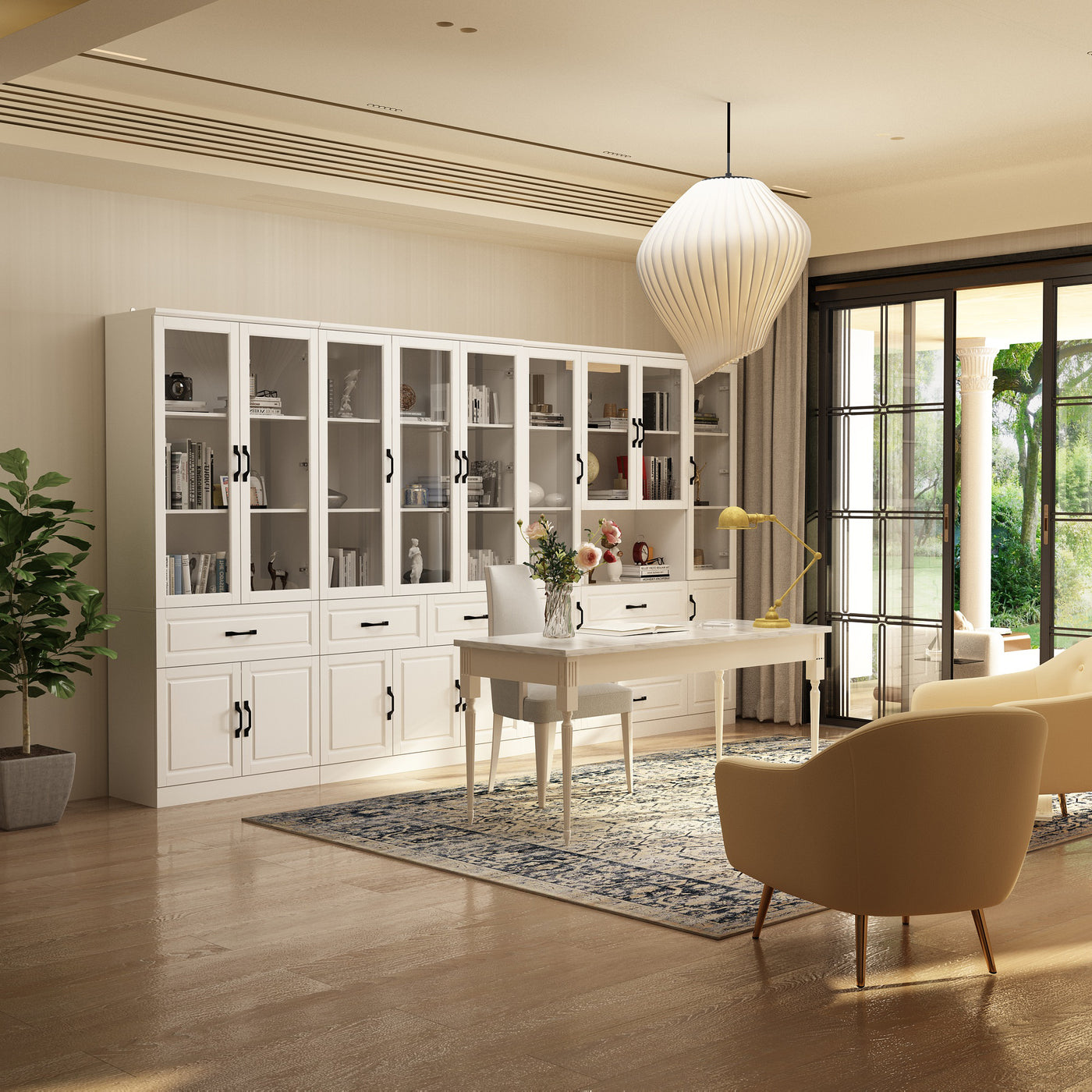 Vila 141.7" White Bookcases & Display Cabinets with 6 Drawers and Open Shelf