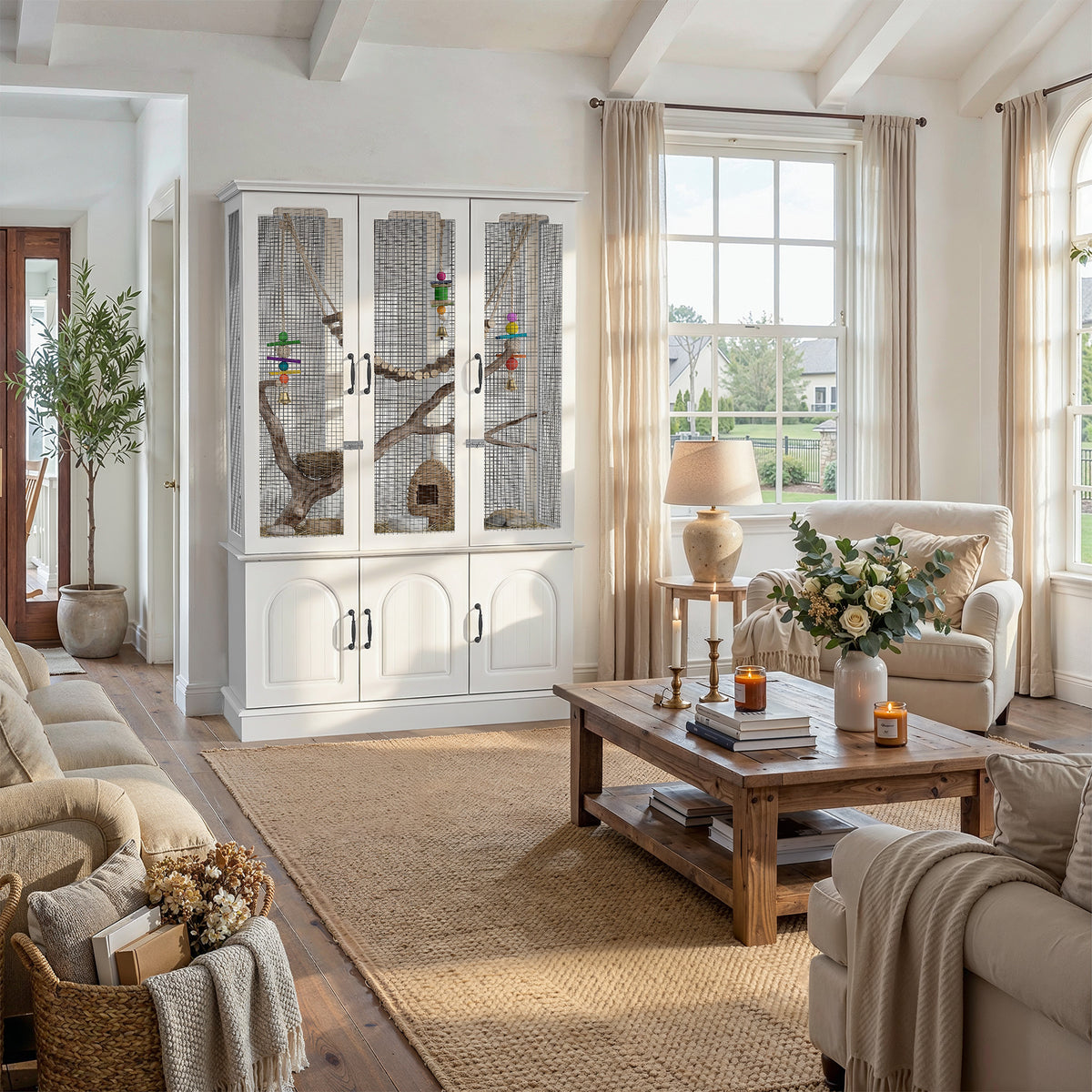 Living room with a large window, white cabinet, and wooden coffee table.