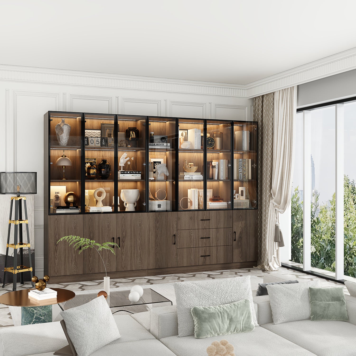 110.2'' W Glass Doors Display Case Curio Cabinet With Drawers ,Shelves,LED Lights