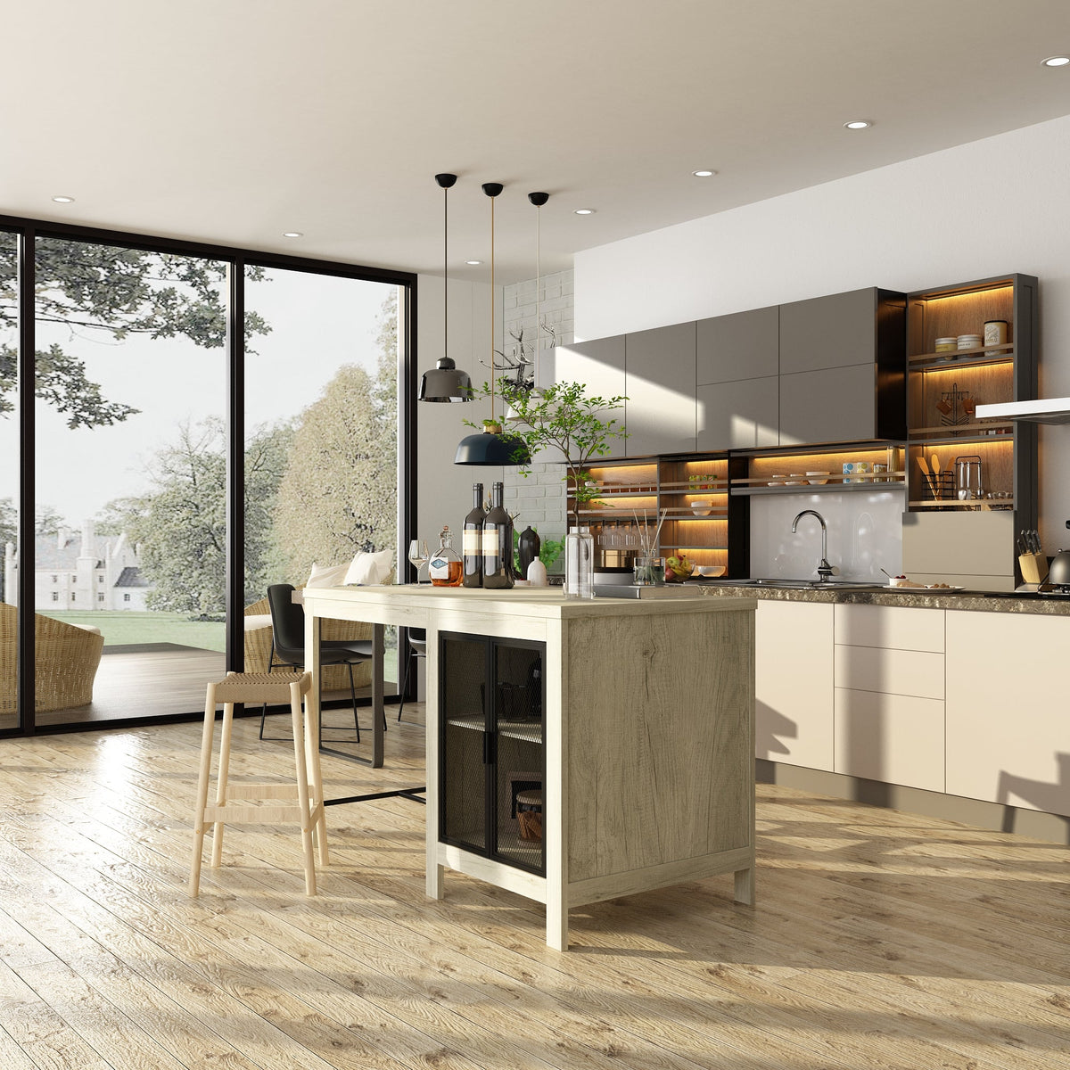 63" Industrial Natural Kitchen Island With Black Glass Door Storage Cabinets