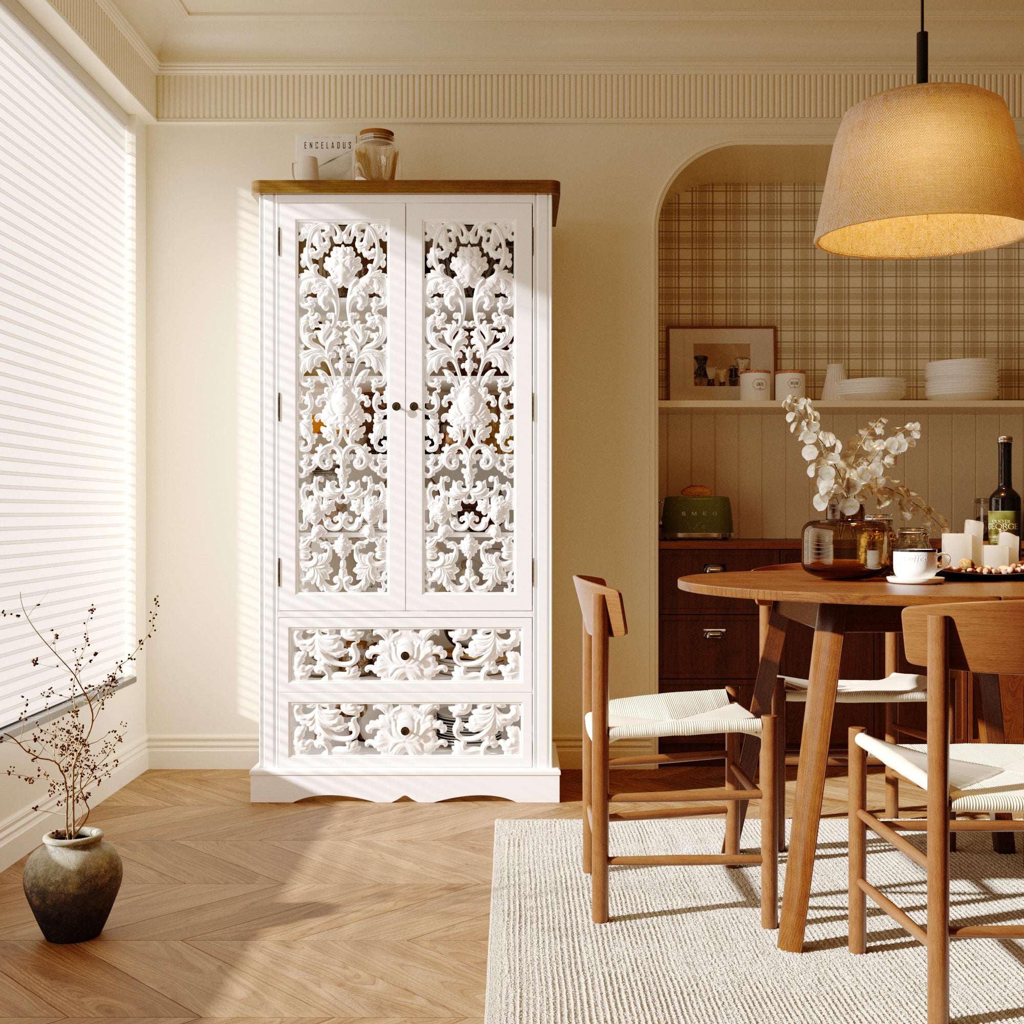 Dining room with a white ornate cabinet and wooden table