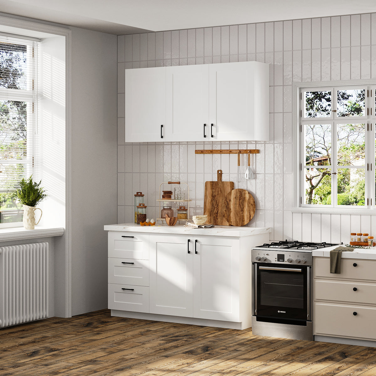 60" White Kitchen Sideboard Buffet Pantry Cabinet with Wall-Mounted Upper Storage Cabinet, 3 Drawers and Double Base Doors