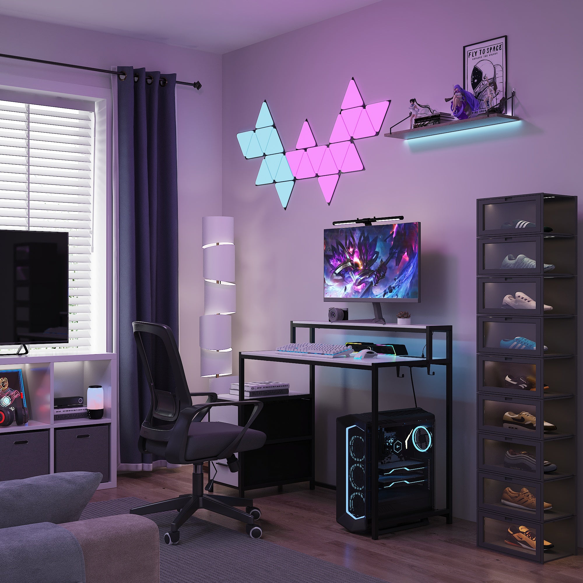 Computer Desk With Monitor Stand & Charging Station, Gaming Desk With LED Lights & Drawers