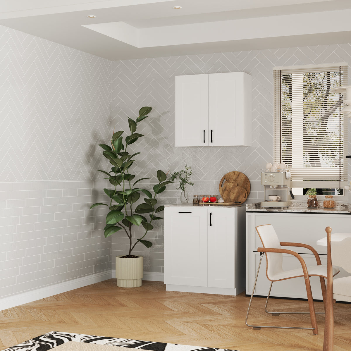 30" Modern White Food Pantry with Wall-Mounted Cabinet