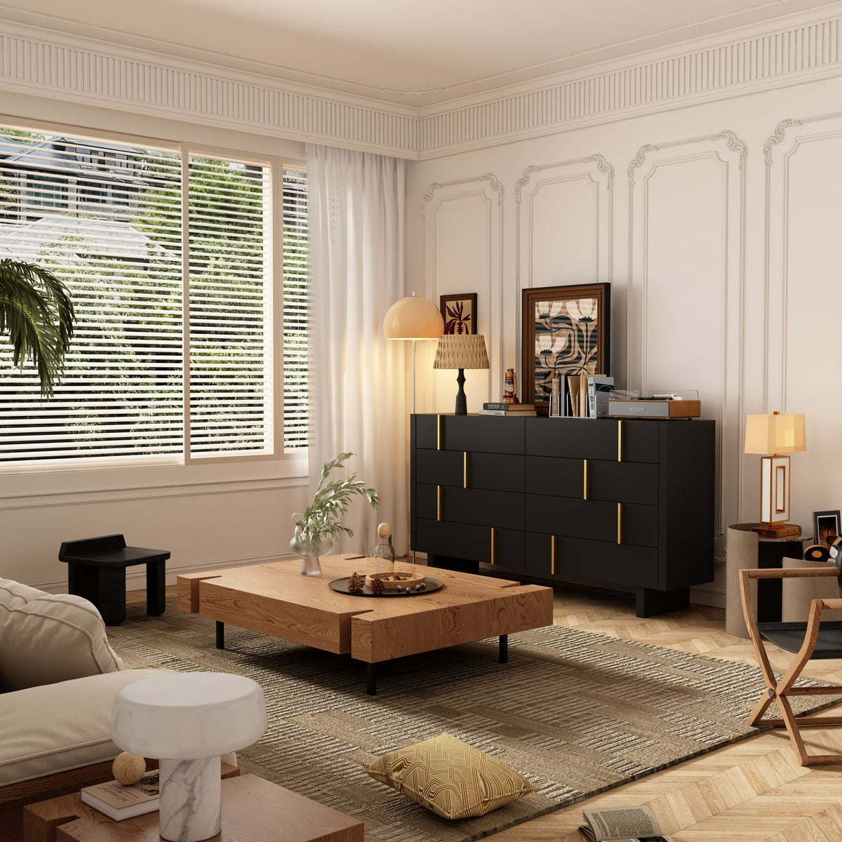 70.9" Modern Black Dresser With 8 Drawers And Gold Accents