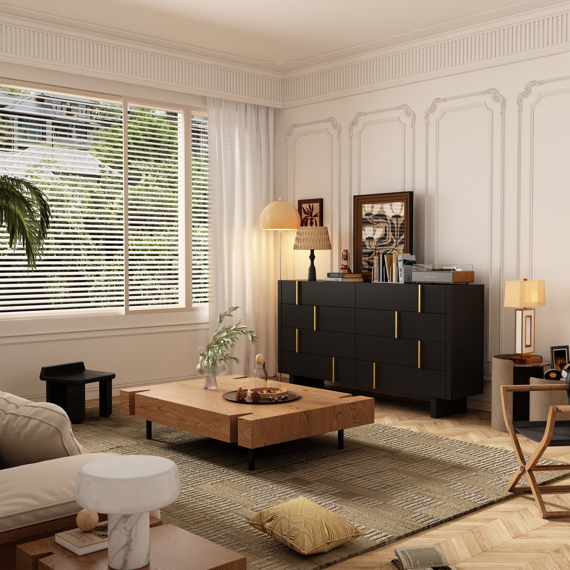 70.9 inches Modern Black Dresser With 8 Drawers And Gold Accents