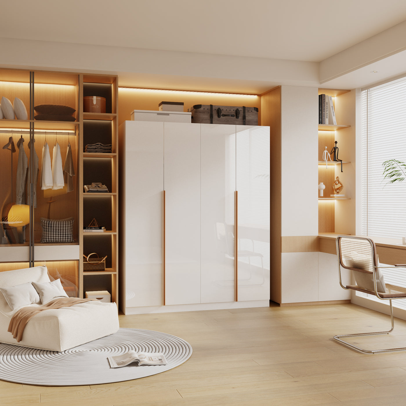 63" White High Gloss Engineered Wood 4-Door Bedroom Wardrobe with Long Gold Handles & Multi-Zone Clothing Storage