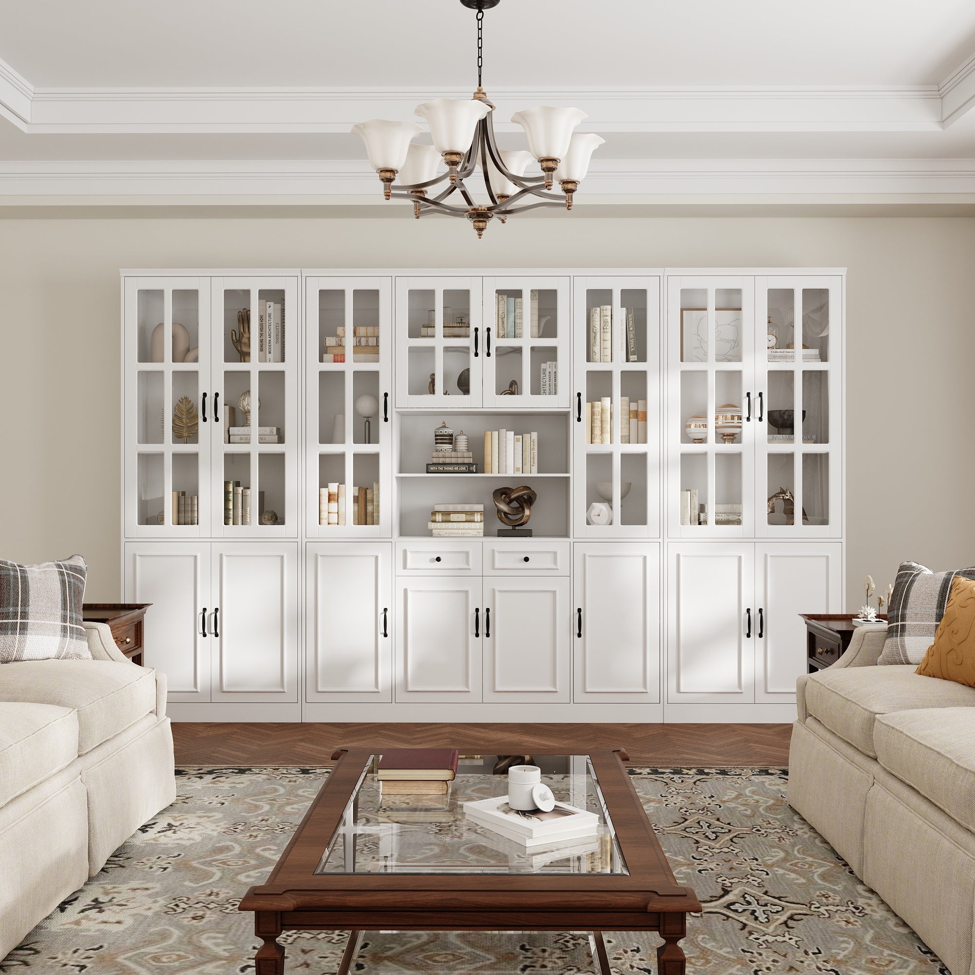 White bookcase set with glass doors, lower cabinets, and center open shelves