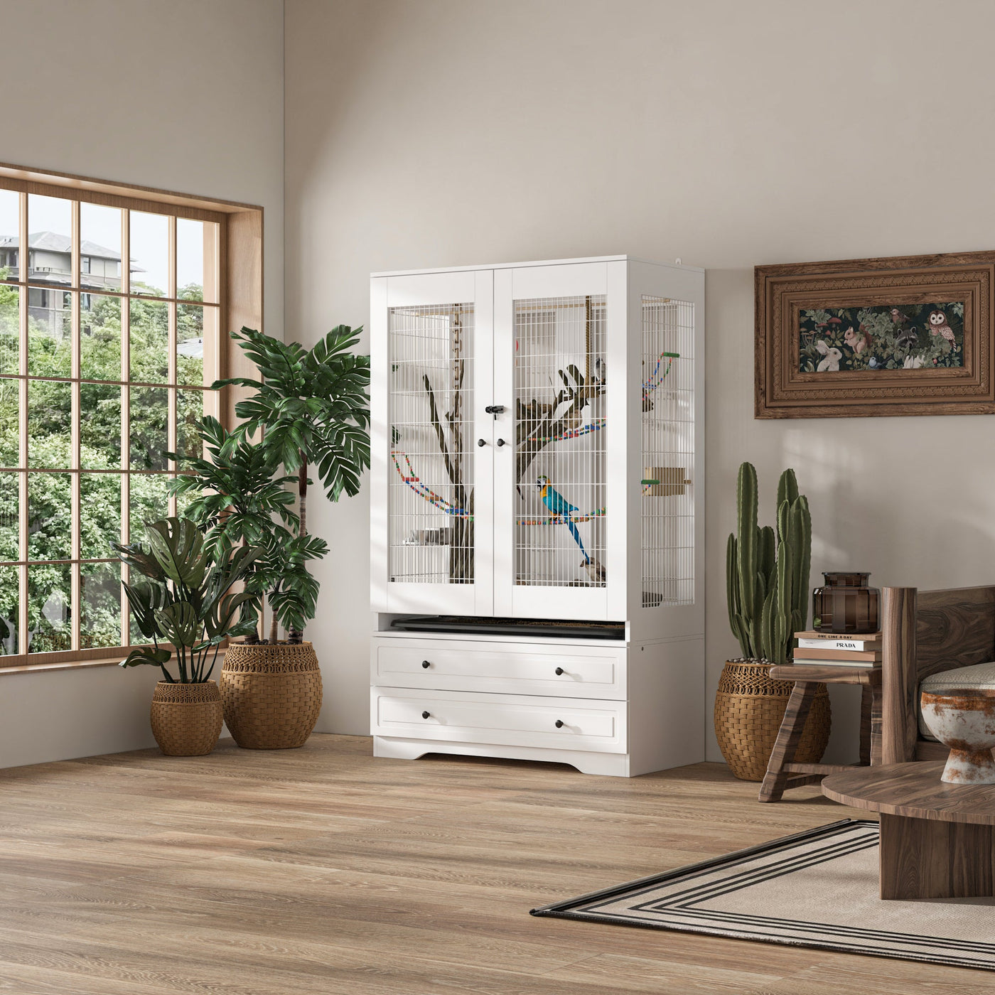 38.5" Modern White Large Floor Bird Cage with Removable Tray and Storage Drawers