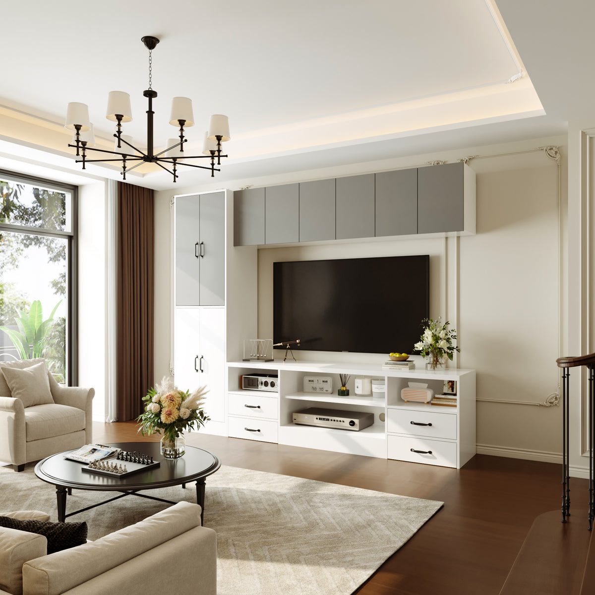 Modern living room with a television unit, sofa, and decorative elements.