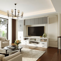 Modern living room with a television unit, sofa, and decorative elements.