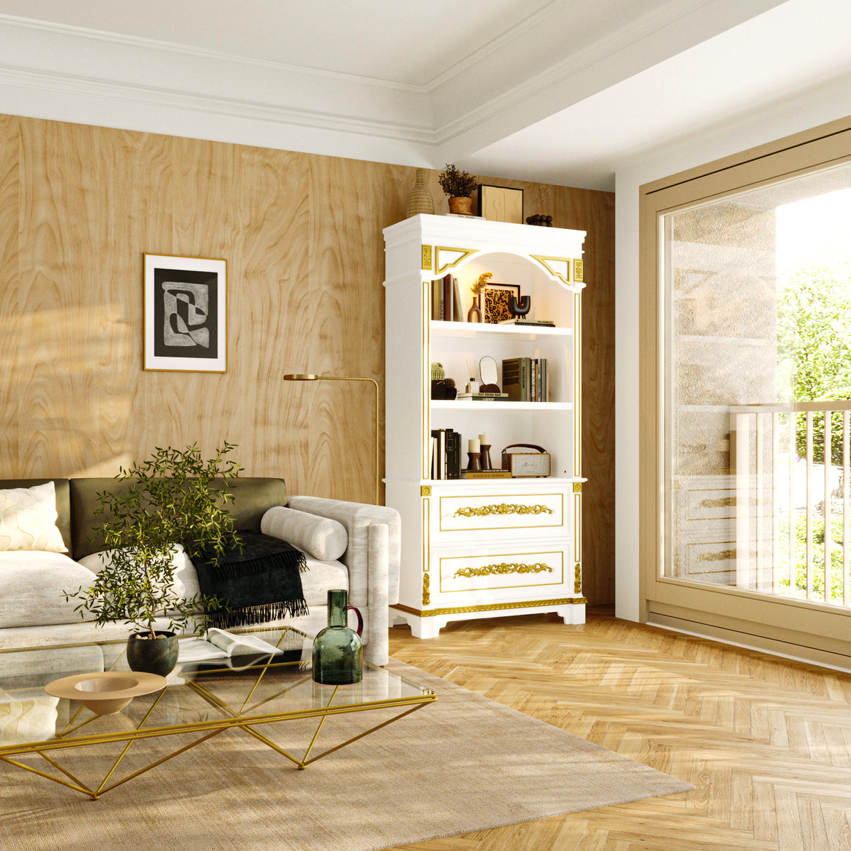 Living room with a white bookshelf, sofa, and decorative items.