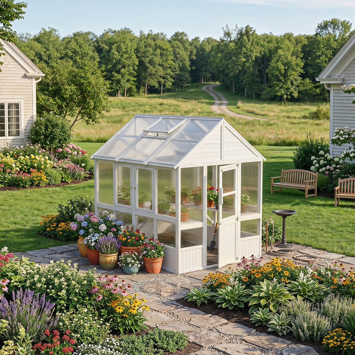 81" White Wood Outdoor Greenhouse with Polycarbonate Panels, Adjustable Roof Vents & Reinforced Frame