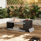 Outdoor patio with fire pit table, chairs, and plants on a wooden deck.