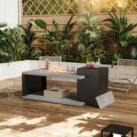 Outdoor patio with fire pit table, chairs, and plants on a wooden deck.
