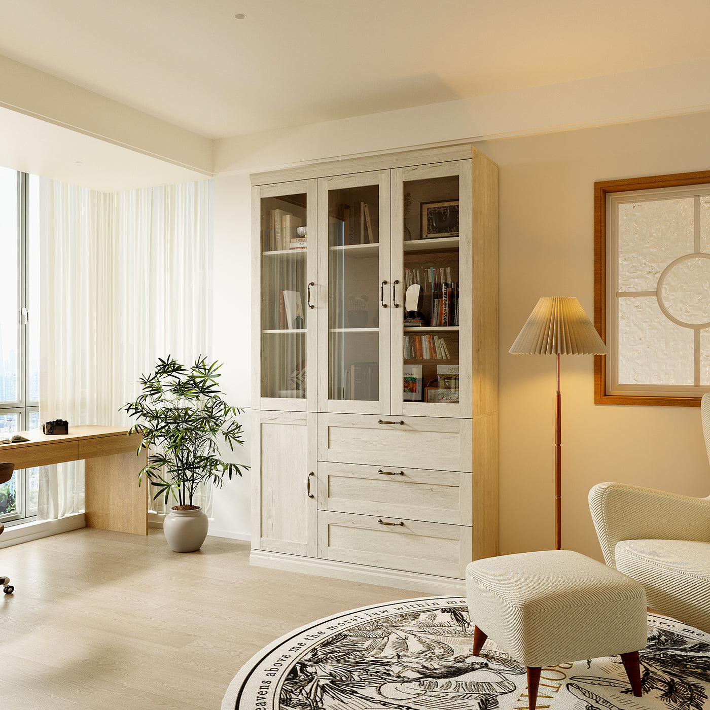 47.2" Farmhouse Gray-White Display Bookcase with Glass Doors