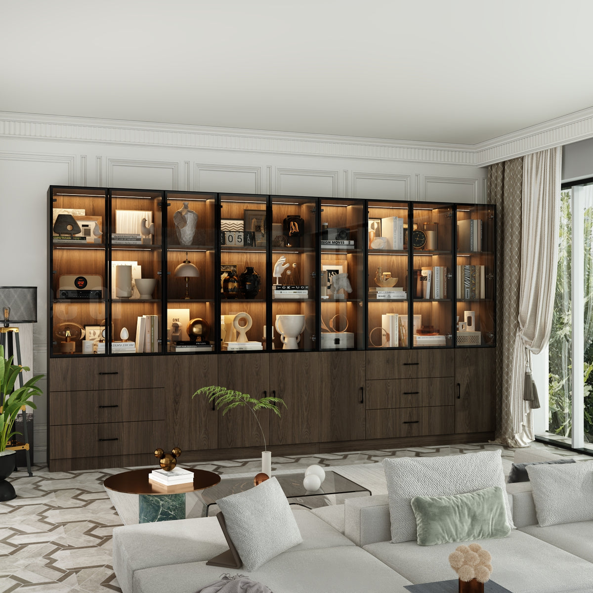 Geyma 141.7" Extra Wide Display Cabinet with 6 Drawers and LED Lights