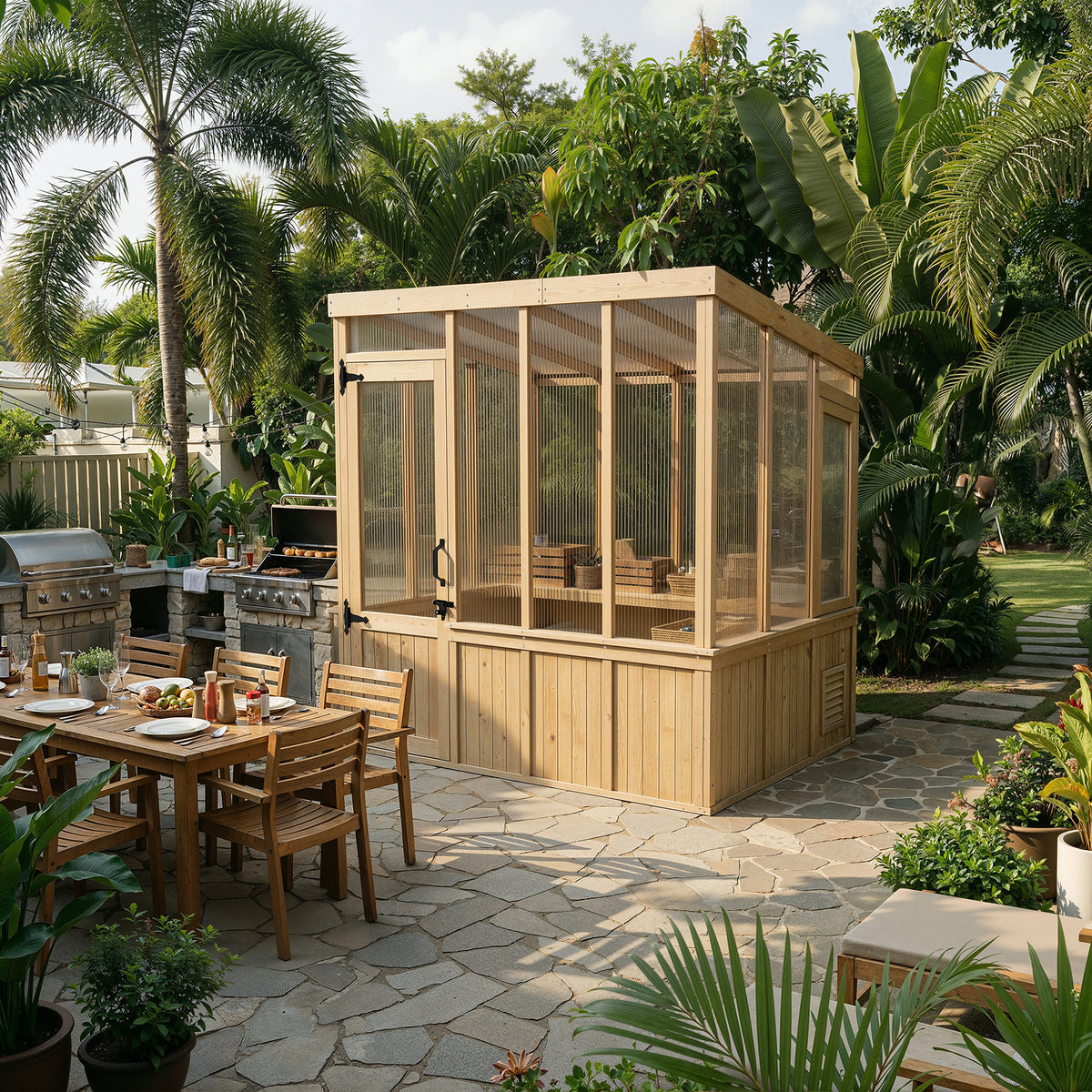Wooden outdoor enclosure with a patio table and chairs in a garden setting.