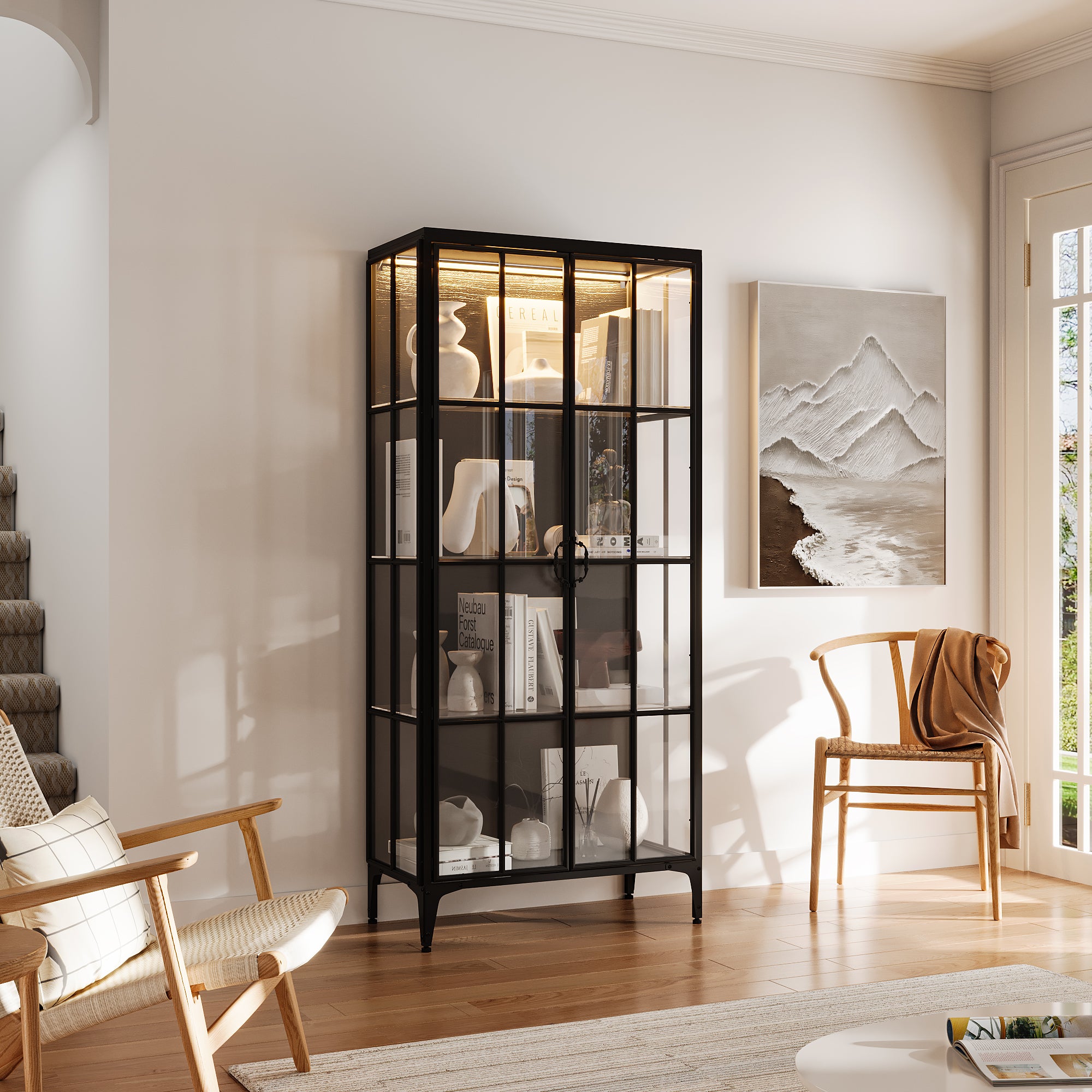 70.9" H Black Glass Display Cabinet With LED Lighting