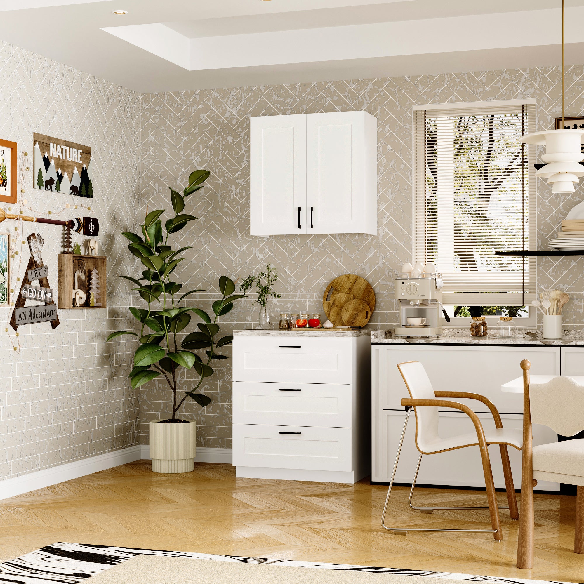 71 inch Modern White Kitchen Pantry Cabinet with Glass Doors & 12 Shelves