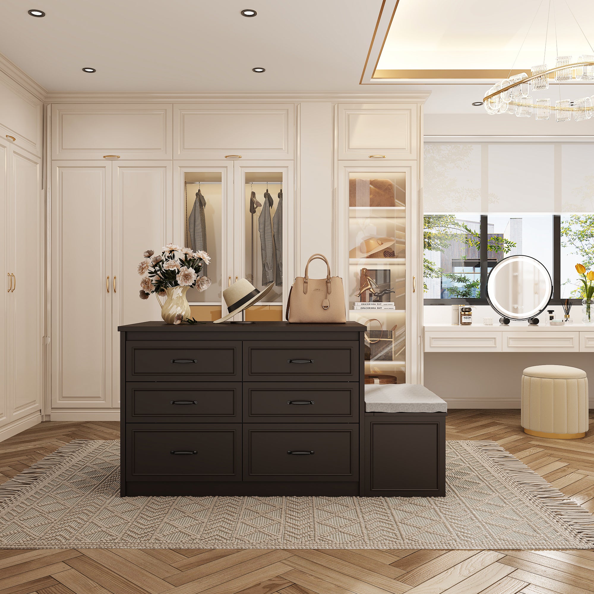 12-Drawer Closet Island With Built-In Shoe Bench