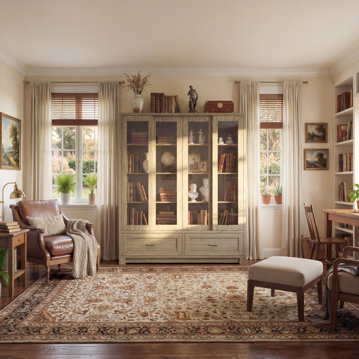 63" Modern Rustic Wood China Cabinet with 2 Drawers and 4 Sliding Glass Doors
