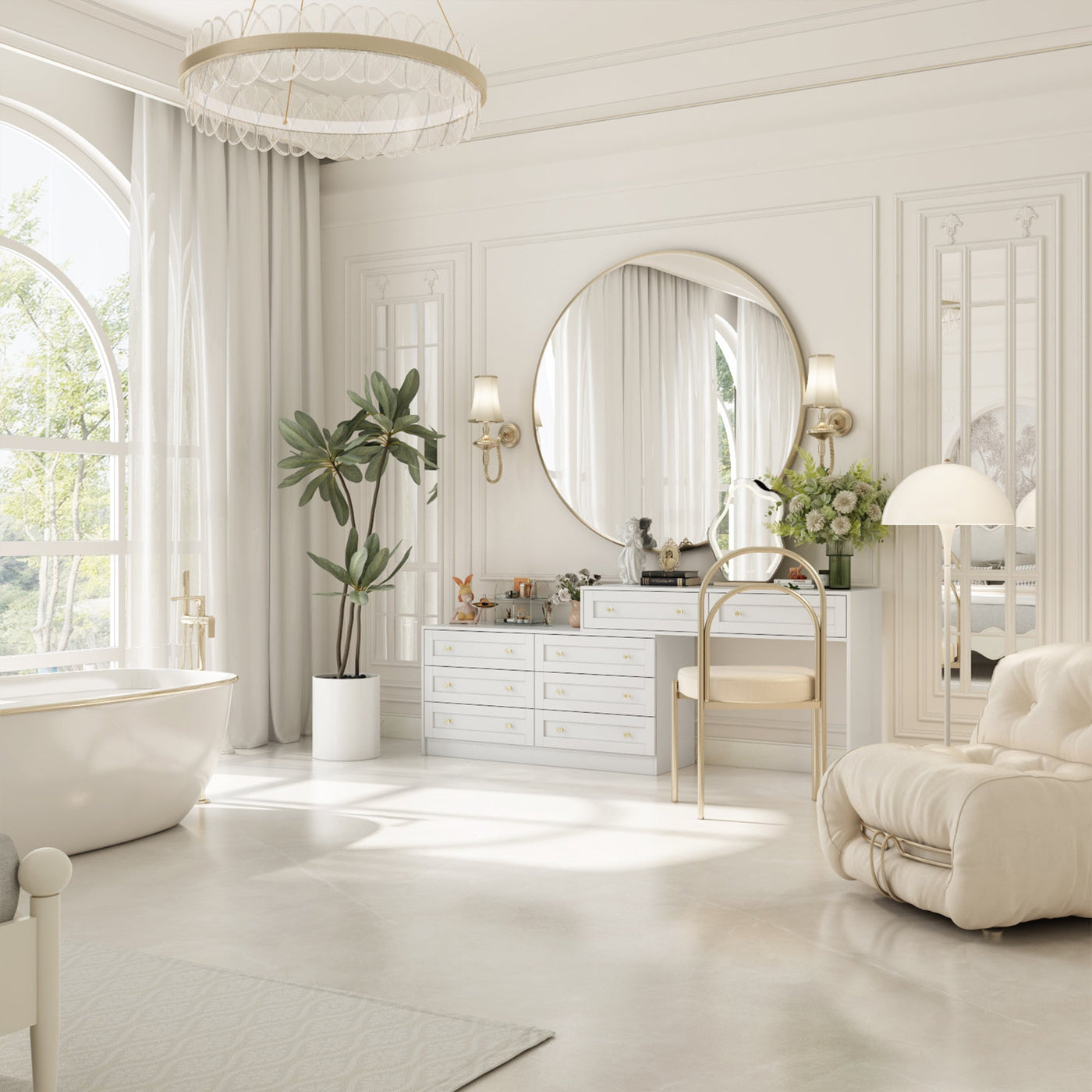 95" Modern Glam White Dresser and Vanity With Lights And Versatile Storage